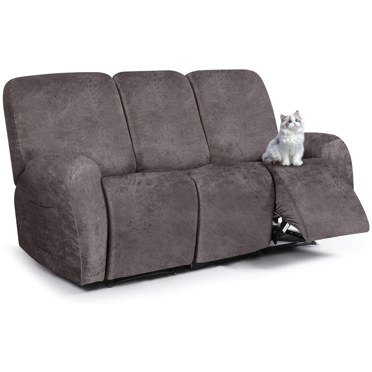 ANARACHON Leather Look Recliner Couch Cover, 8-Pieces Stretch Recliner Sofa Covers, Soft Reclining Slipcover, Washable Furniture Protector for Pets (3 Seater, Brown)
