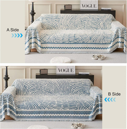 ROOMLIFE Thicked Striped Couch Cover with Tassel Blue Chenille Sofa Cover Blanket for Sectional Sofa, Soft Sofa Slipcovers for L Shaped Love Seat 2-3 Cushion Couch Anti Slip Sofa Protector, 71"x118"