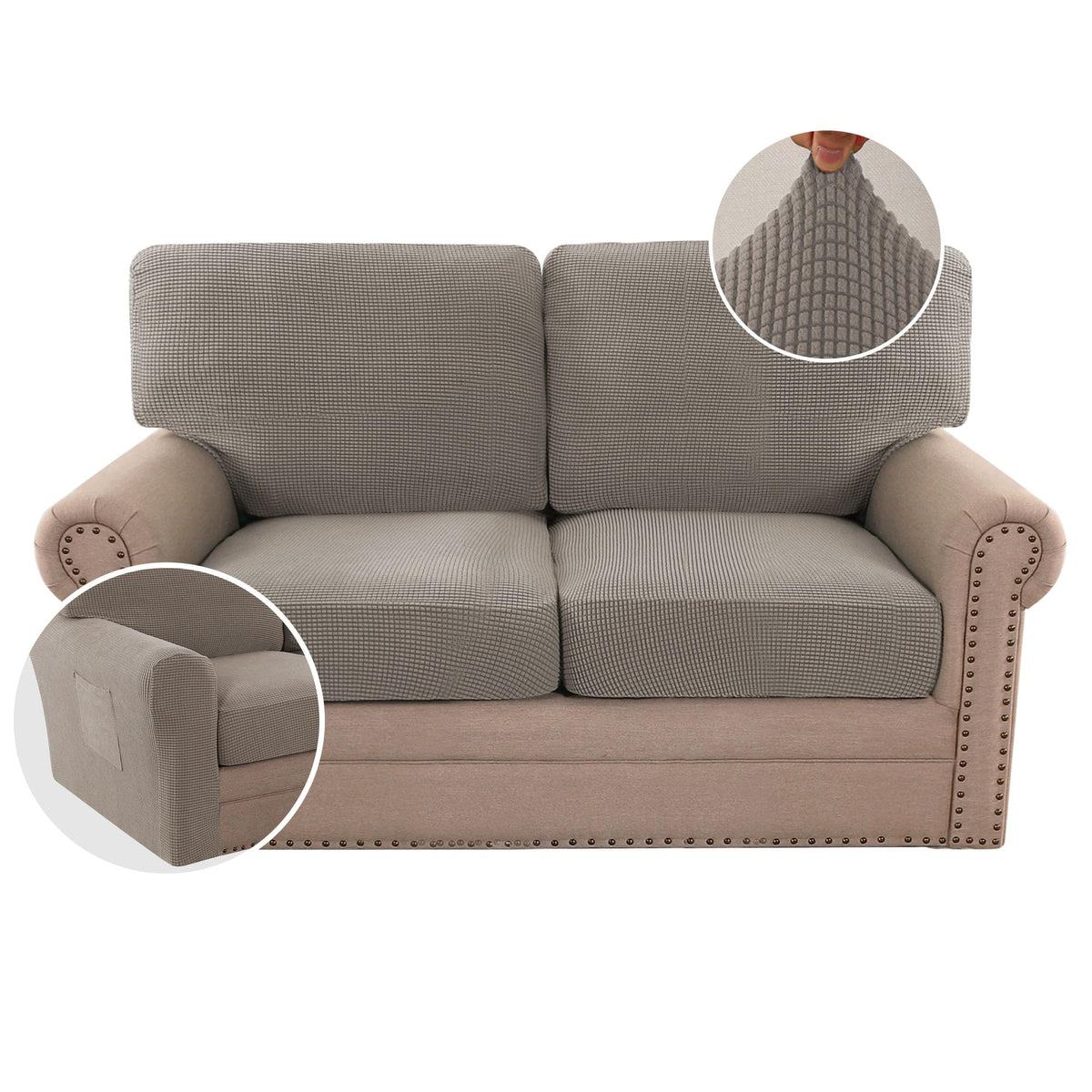 H.VERSAILTEX Multi-Pieces Sofa Covers Stretch Couch Covers Form Fitted Seats and Back Cushions Covers (3 Seat Covers Plus 3 Back Cusion Covers, Bonus 2 Armrest Covers), Sand