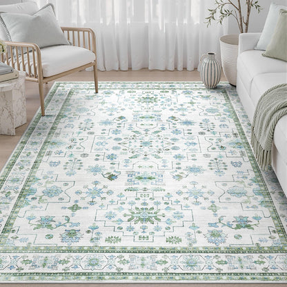 DCX 8x10 Area Rug Living Room: Washable Botanical Carpet Blue and Green