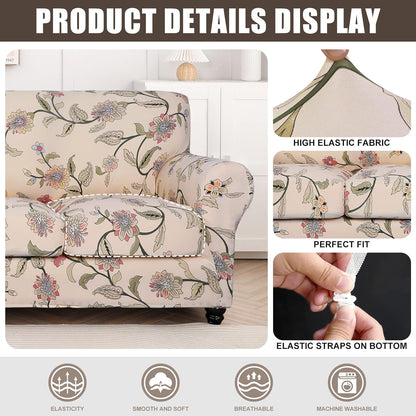SearchI Stretch Sofa Cover Printed Couch Cover, Floral Pattern 4 Pieces Sofa Slipcover with 3 Separate Cushion Cover, Washable Furniture Protector for Living Room(Sofa, Yellow+Flower)