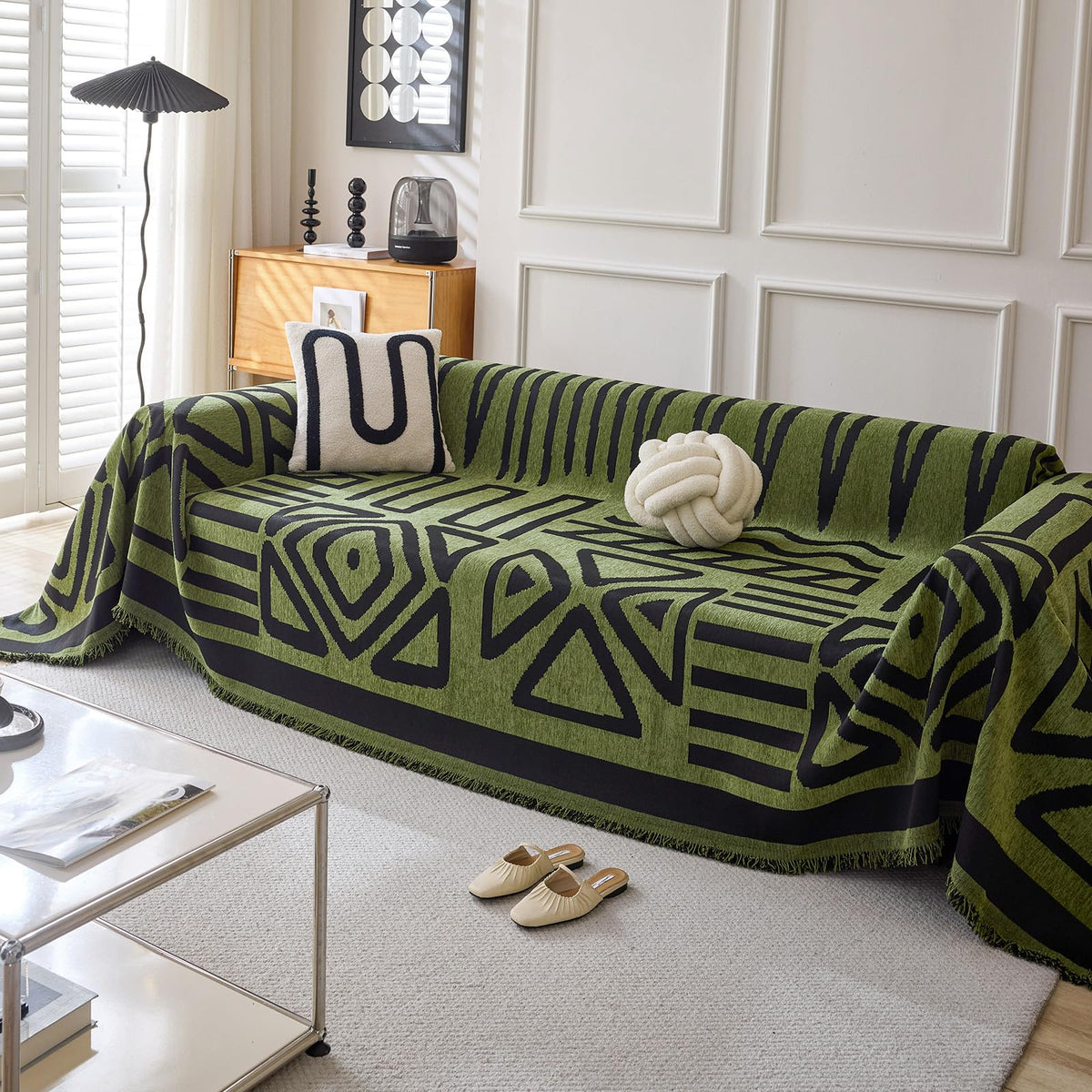 HANDONTIME Green Sofa Cover Vintage Couch Cover for Dogs 91" X150" Couch Cushion Covers with Tassel Herringbone Sofa Cover Boho Sofa Covers for 3 Cushion Couch Chenille Soft Loveseat Sofa Covers