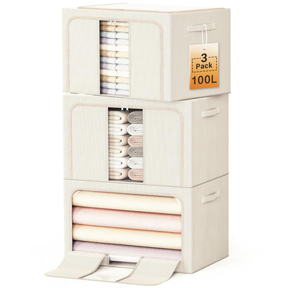 Clothes Storage Bins with Metal Frame, Foldable Clothes Organizers Storage Containers for Clothes, Sheets, Blankets, Pillows and Towels (24L, 3 Pack) Beige