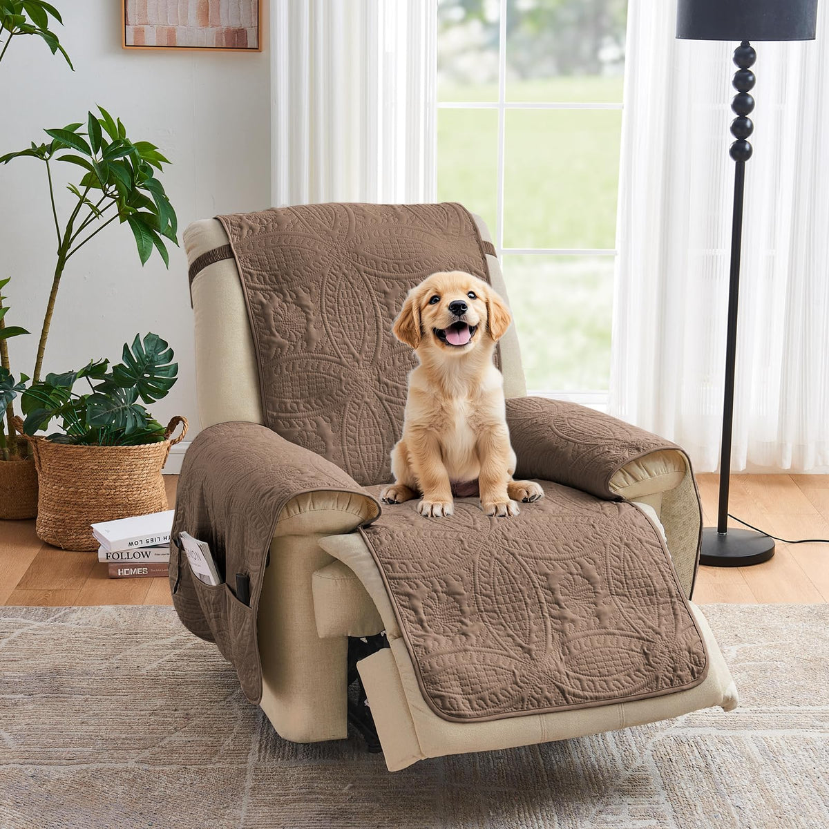 Quilted Sofa Slipcovers with Pockets, Anti-Slip Medallion Designed Couch Covers for 3 Cushion Sofa, Couch Cover for Dogs Cats Water-Repellent Machine Washable (Large Sofa 68", Ivory White)