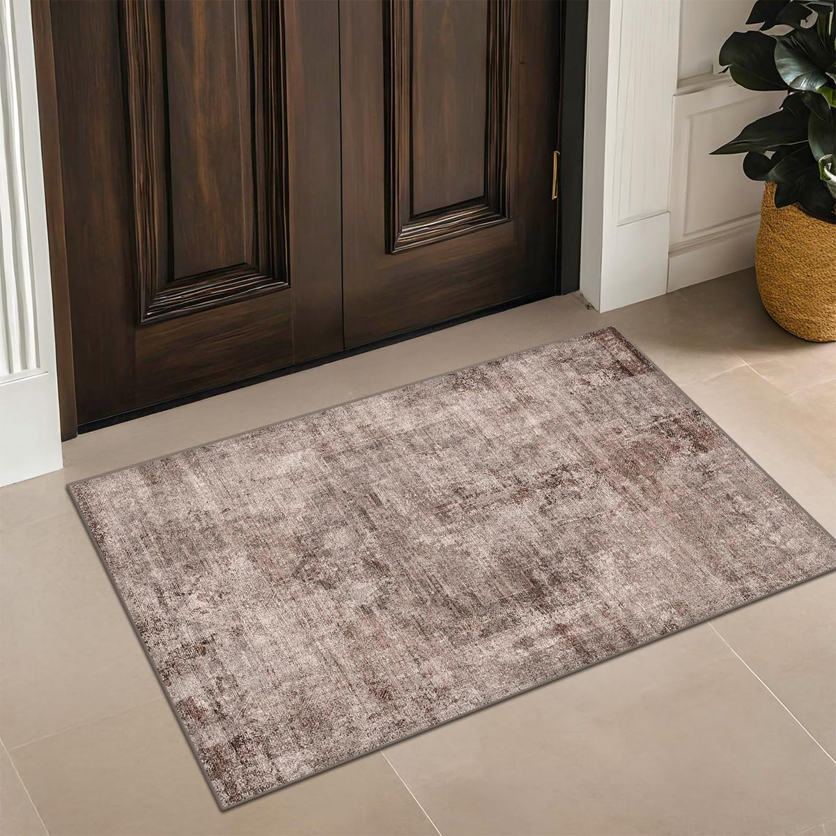 Farmhouse 8x10 Washable Area Rugs for Living Room, Neutral Taupe Brown Abstract Rug for Dining Room and Bedroom, Soft Foldable Low Pile Carpet, Stain Resistant Non-Slip Backing, Distressed Design
