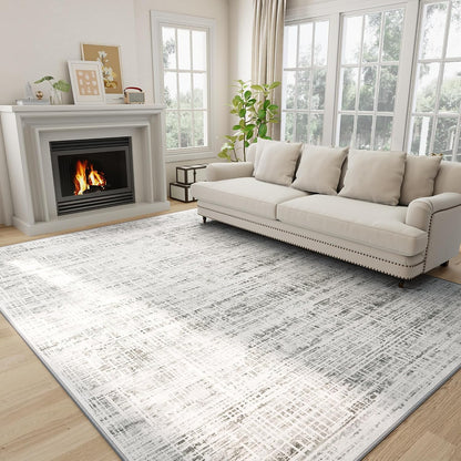 8x10 Washable Area Rug for Living Room Bedroom: Non-Slip Modern White Gray