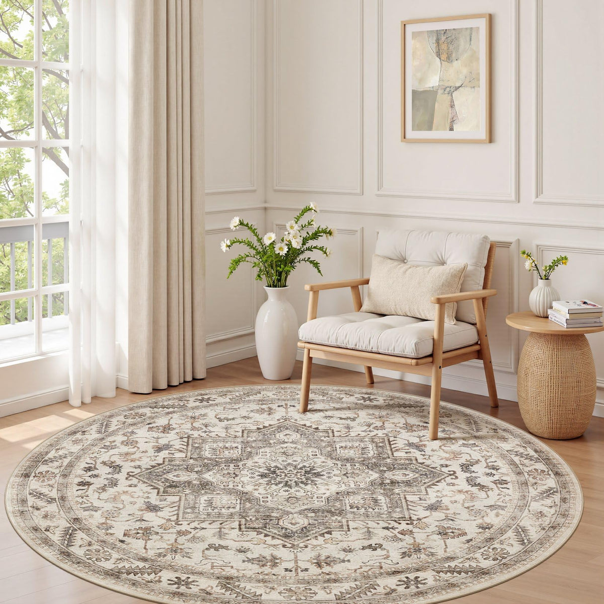 cotiled 9x12 Area Rug for Living Room, Washable, Traditional, Beige