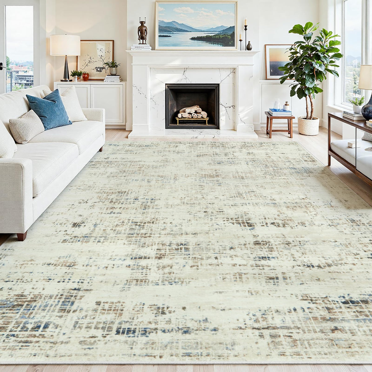 8x10 Washable Area Rug for Living Room Bedroom: Non-Slip Modern White Gray