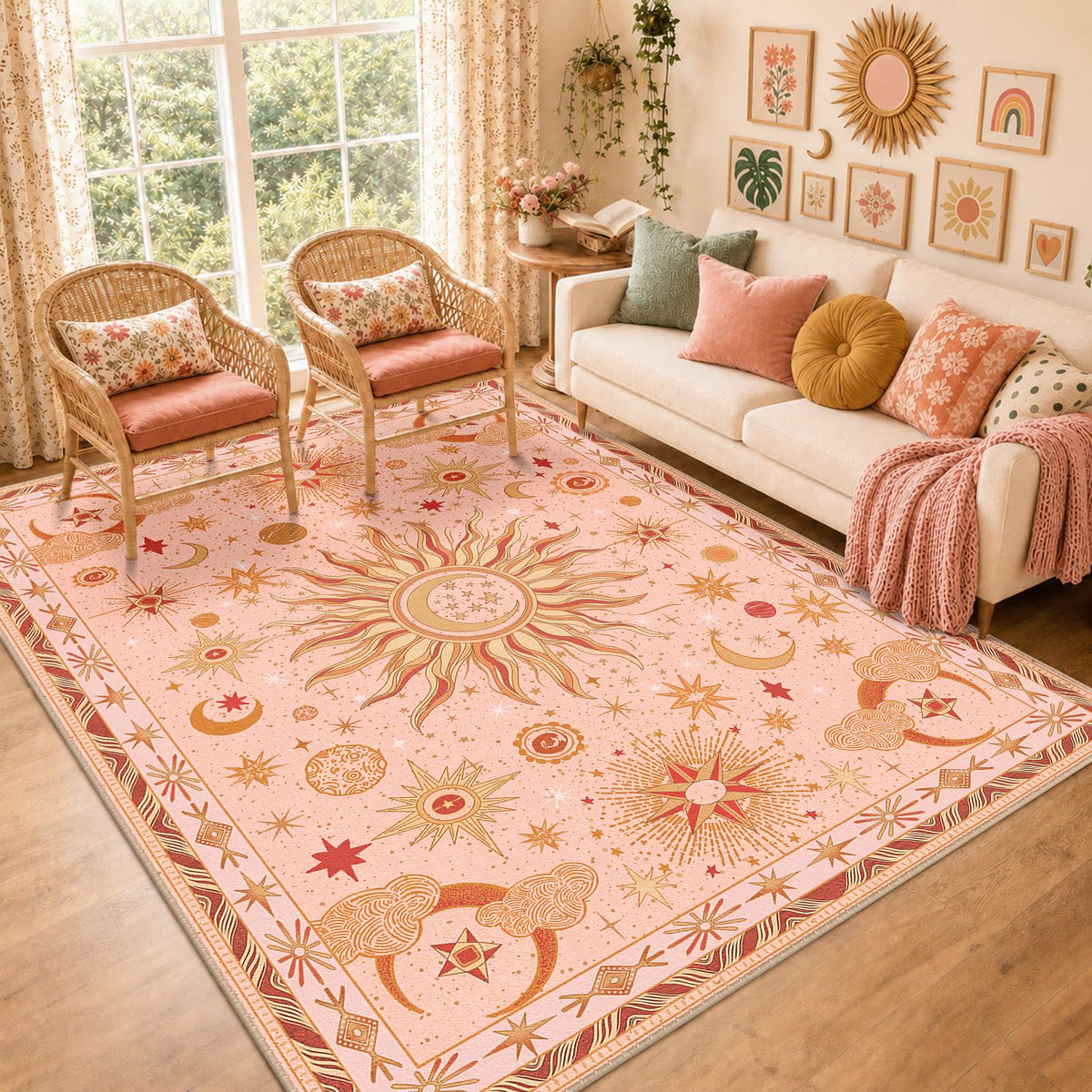 Vacuum-Friendly, 8x10 Washable Area Rug, Black Gold Beige Red