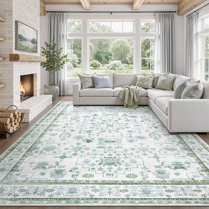 DCX 8x10 Area Rug Living Room: Washable Botanical Carpet Blue and Green