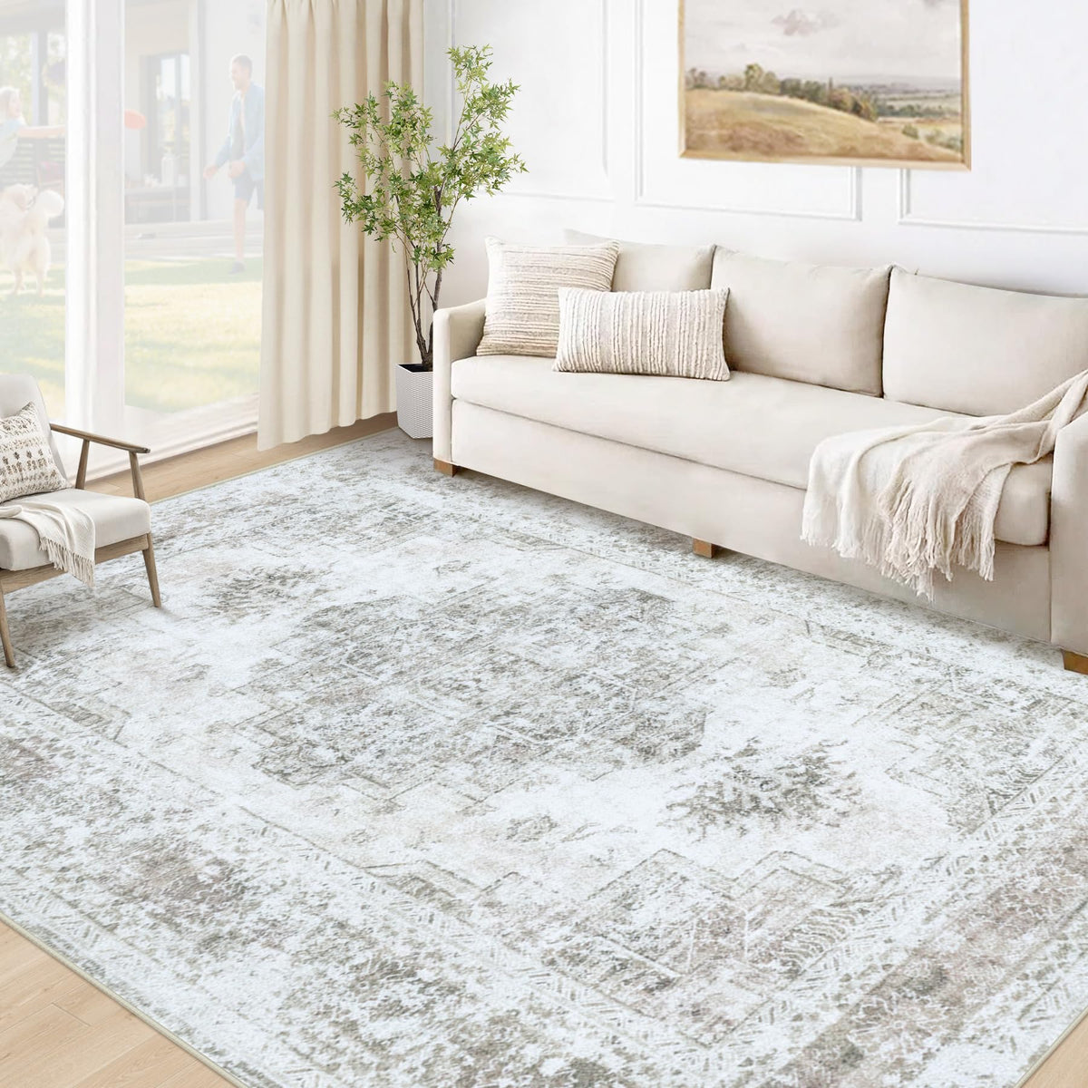 XLUEZ Area Rug 8x10 Living Room Rug, Machine Washable Vintage Distressed Medallion Rug Non-Slip Soft Low Pile Large Indoor Rugs for Bedroom Dining Room Office Children's Room (Beige,8'x10')