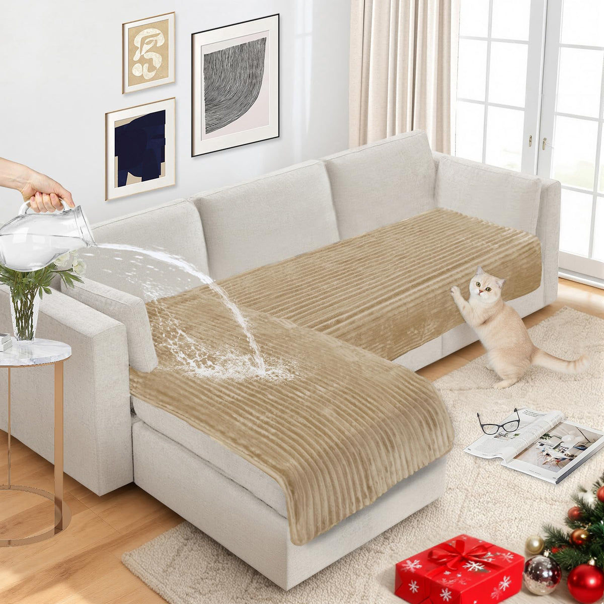 NAISI Couch Covers for Dogs Waterproof Flannel Striped Sofa Cover Pet Friendly Washable Dog Mat for Couch Anti Slip Sectional Sofa Slipcover Protector(2pcs/35"x63"+35"x70",Dark Grey)