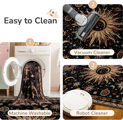 Vacuum-Friendly, 8x10 Washable Area Rug, Black Gold Beige Red
