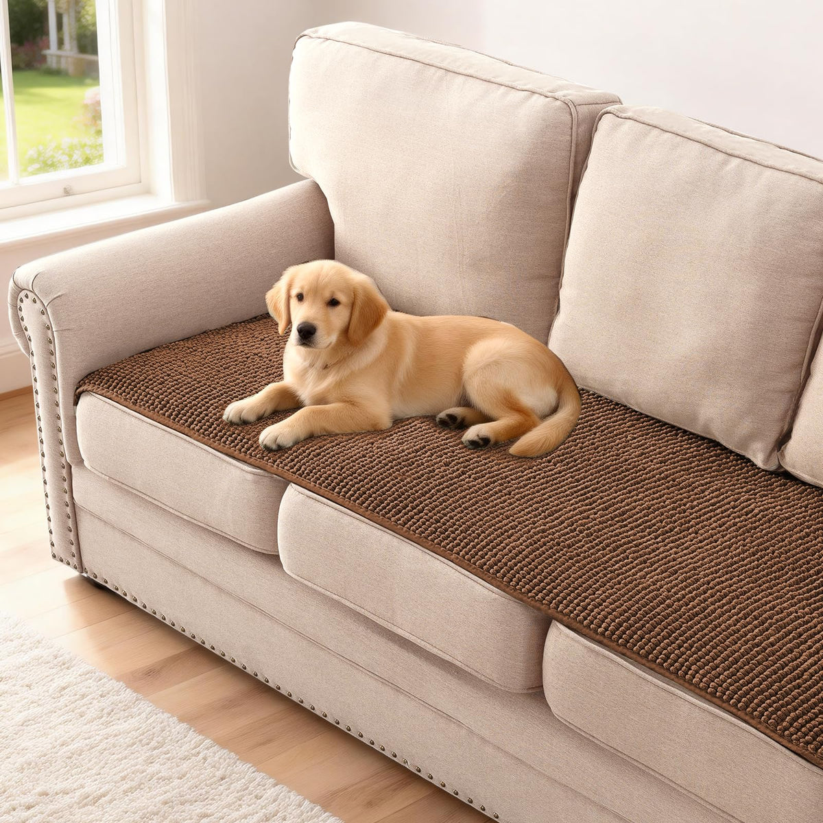 H.VERSAILTEX Plush Chenille Dog Bed Cover Thick Soft Sofa Cover for 3 Cushion Couch Anti Slip Couch Cover Furniture Protector for Dog, Pet, Cat (35" x 82", Ivory)