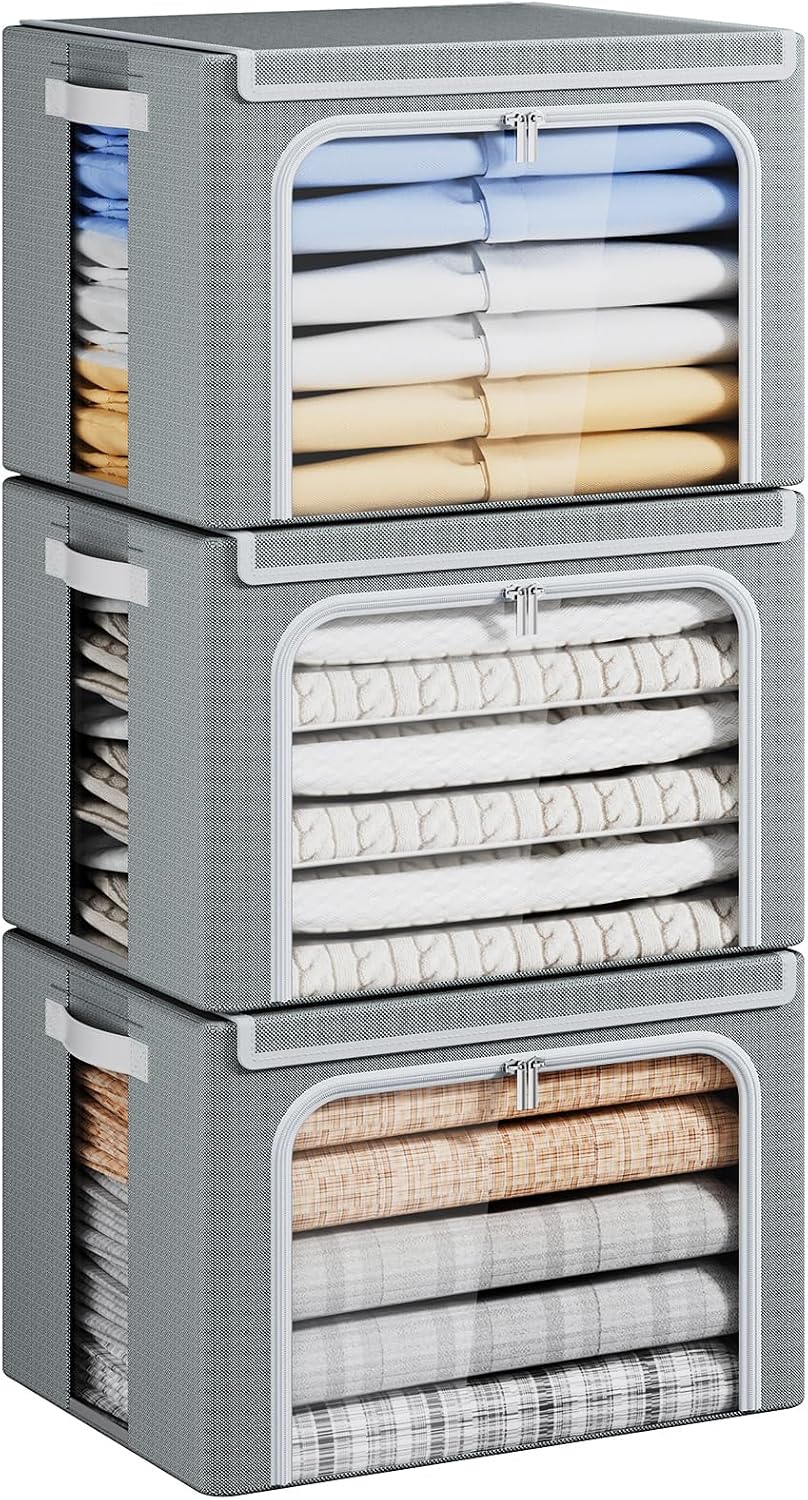 Yecaye Clothes Storage Bins with Metal Frame, Foldable Organizer Box, 40L