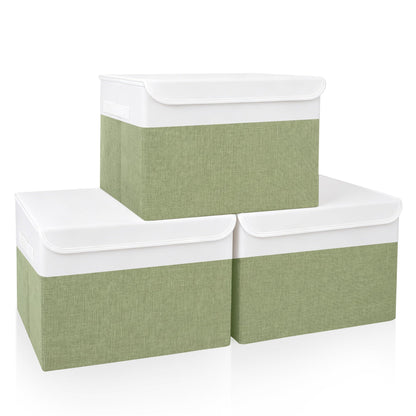 Bagnizer Large 17" 42 Quarts Collapsible Stackable Storage Bins with Lids [3-Pack] Foldable Fabric Linen Storage Boxes Cube, Closet Organizer Baskets with Label for Home (16.7 x 12 x 12, Gray)