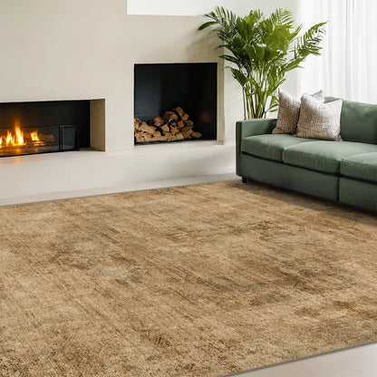Farmhouse 8x10 Washable Area Rugs for Living Room, Neutral Taupe Brown Abstract Rug for Dining Room and Bedroom, Soft Foldable Low Pile Carpet, Stain Resistant Non-Slip Backing, Distressed Design
