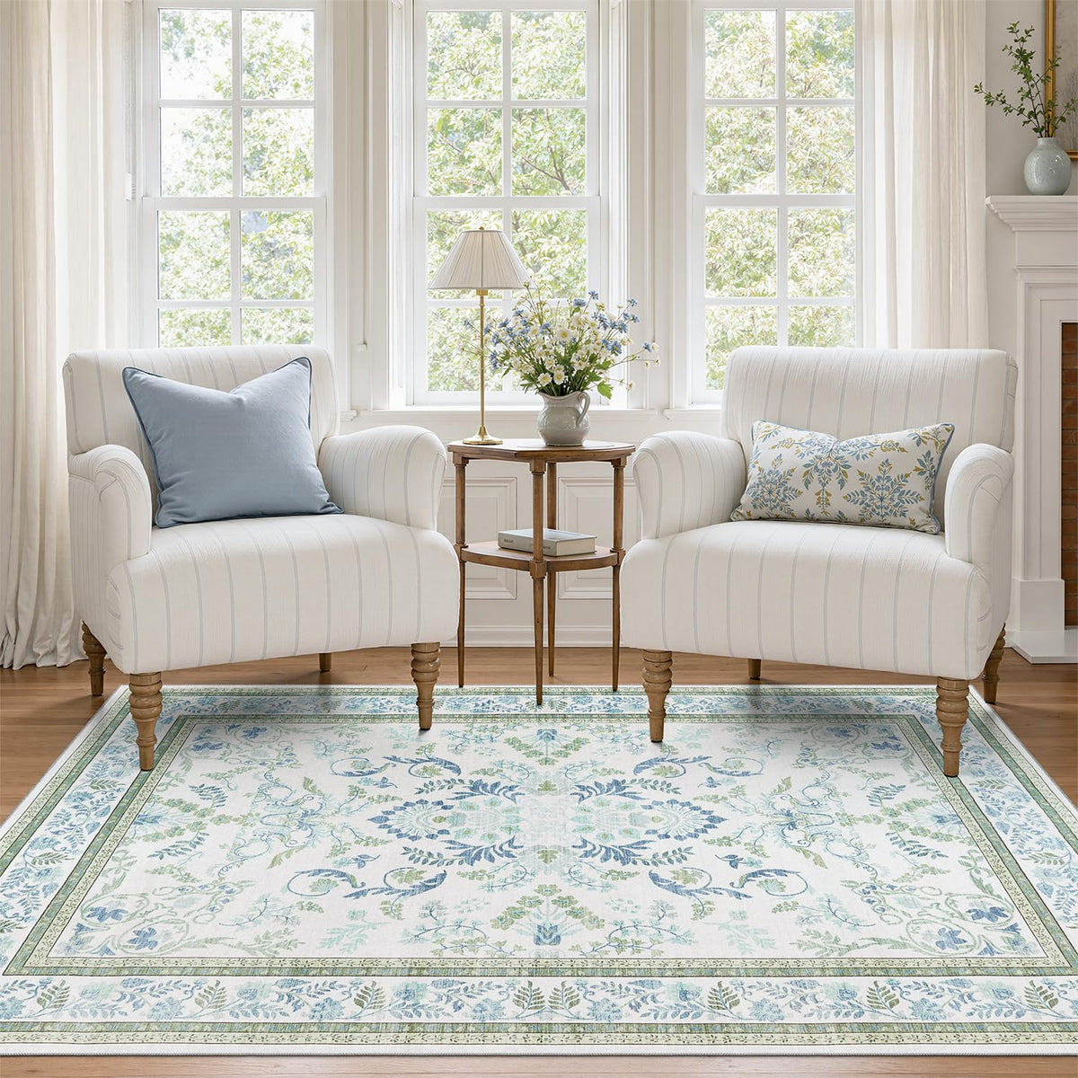DCX 8x10 Area Rug Living Room: Washable Botanical Carpet Blue and Green