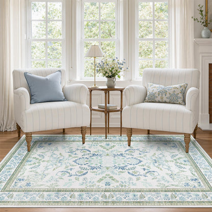 DCX 8x10 Area Rug Living Room: Washable Botanical Carpet Blue and Green