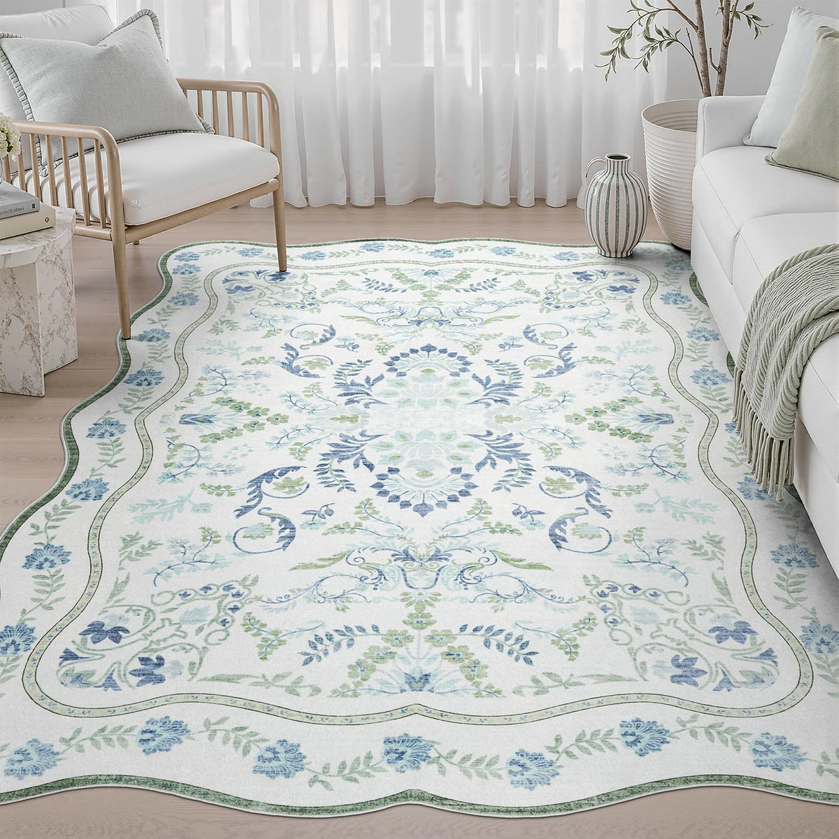 DCX 8x10 Area Rug Living Room: Washable Botanical Carpet Blue and Green