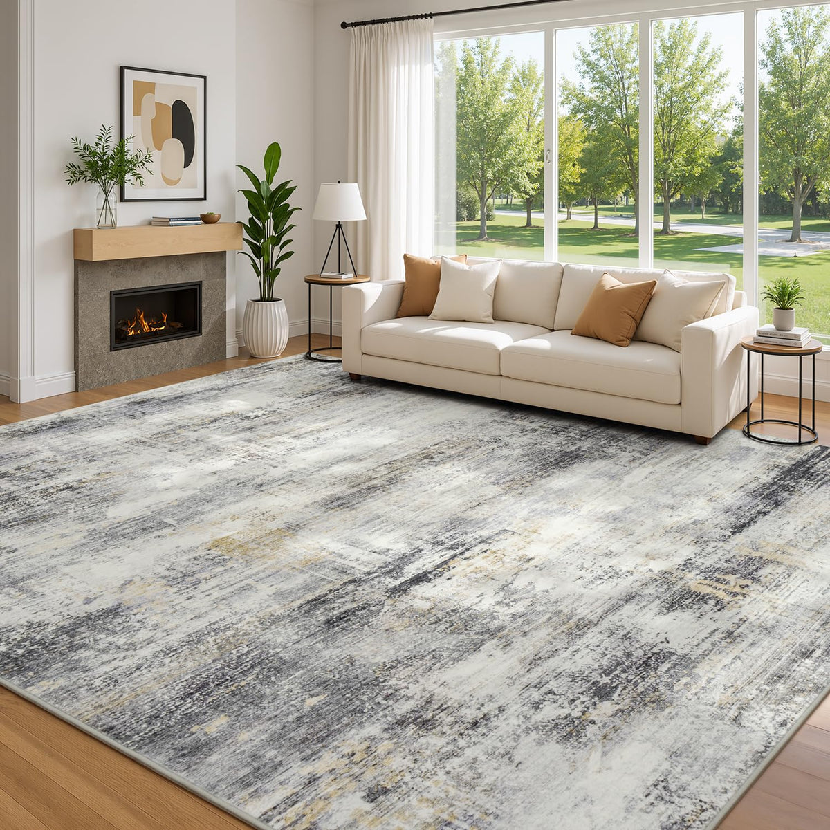 Living Room Rug 5x7, Washable Modern Abstract Rugs Black and White