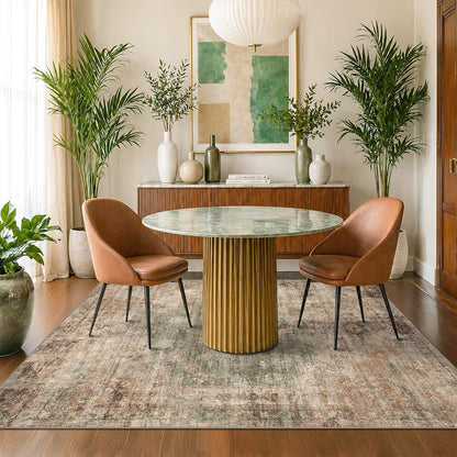 Farmhouse 8x10 Washable Area Rugs for Living Room, Neutral Taupe Brown Abstract Rug for Dining Room and Bedroom, Soft Foldable Low Pile Carpet, Stain Resistant Non-Slip Backing, Distressed Design