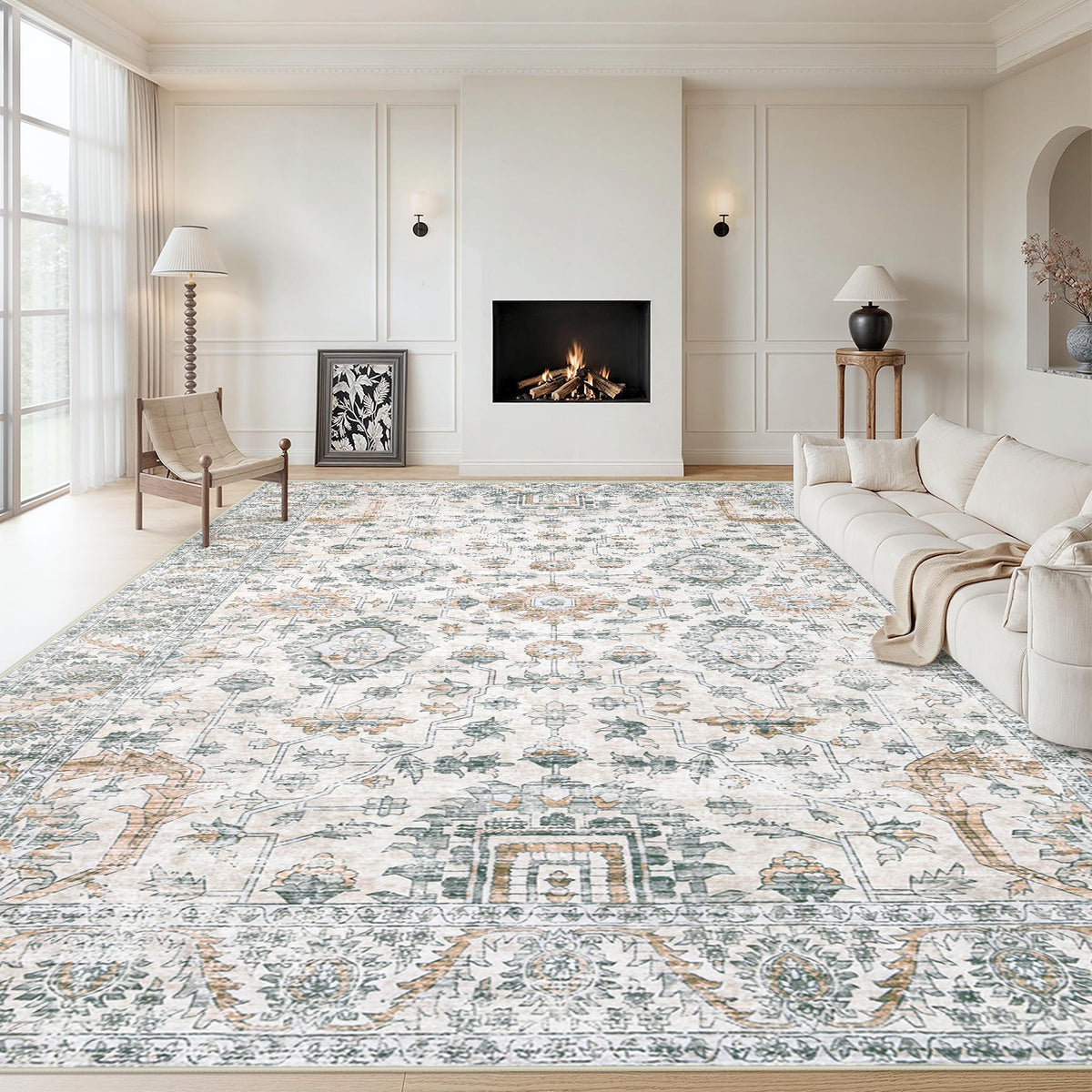 XLUEZ Area Rug 8x10 Living Room Rug, Machine Washable Vintage Distressed Medallion Rug Non-Slip Soft Low Pile Large Indoor Rugs for Bedroom Dining Room Office Children's Room (Beige,8'x10')