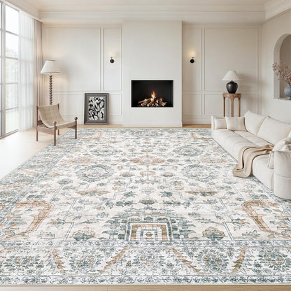 XLUEZ Area Rug 8x10 Living Room Rug, Machine Washable Vintage Distressed Medallion Rug Non-Slip Soft Low Pile Large Indoor Rugs for Bedroom Dining Room Office Children's Room (Beige,8'x10')