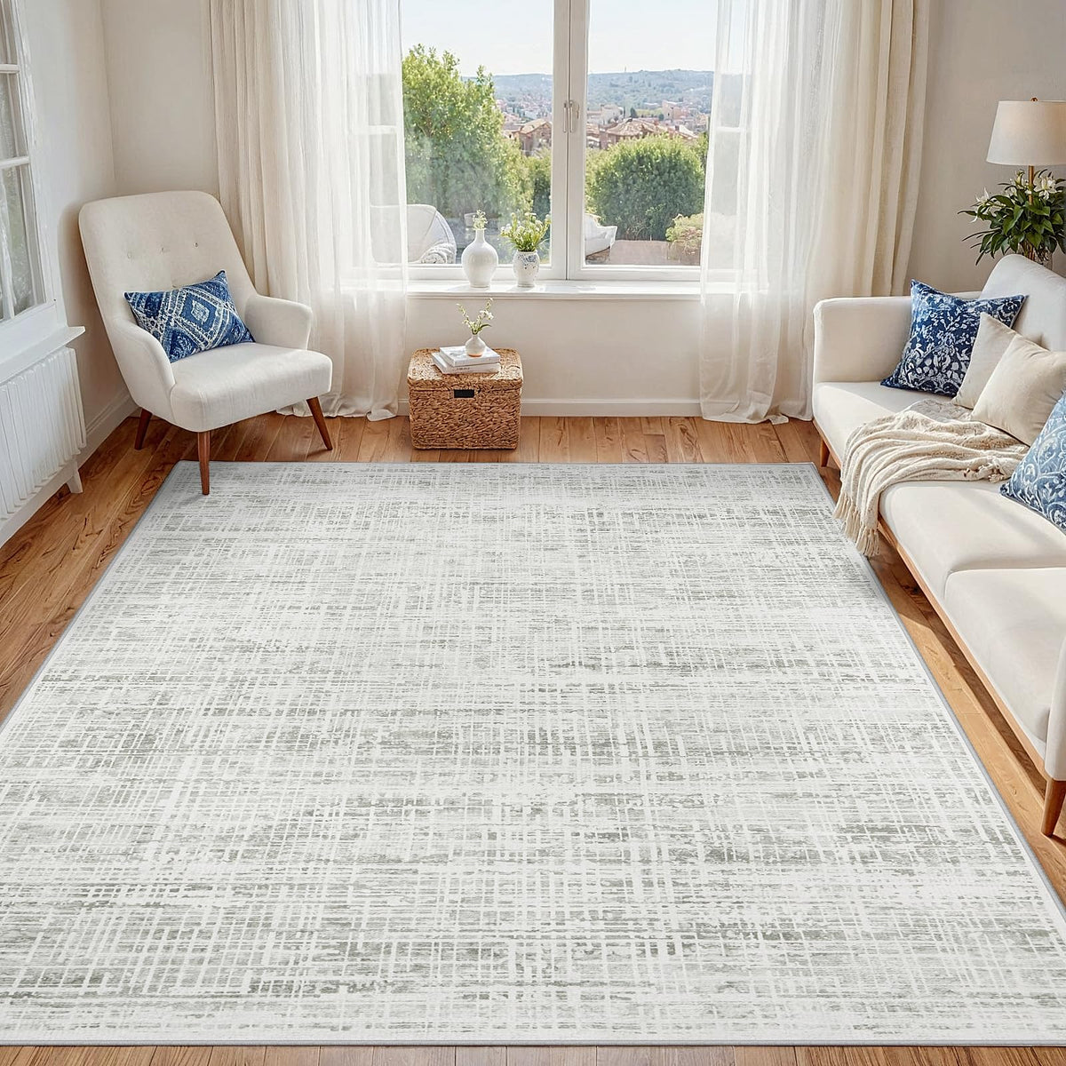 8x10 Washable Area Rug for Living Room Bedroom: Non-Slip Modern White Gray