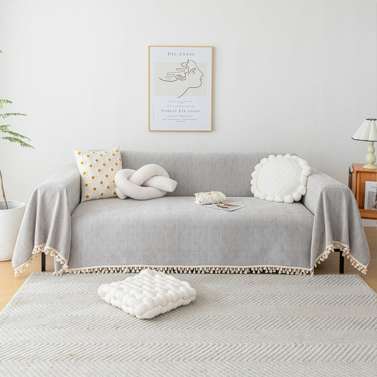 HANDONTIME Green Sofa Cover Vintage Couch Cover for Dogs 91" X150" Couch Cushion Covers with Tassel Herringbone Sofa Cover Boho Sofa Covers for 3 Cushion Couch Chenille Soft Loveseat Sofa Covers