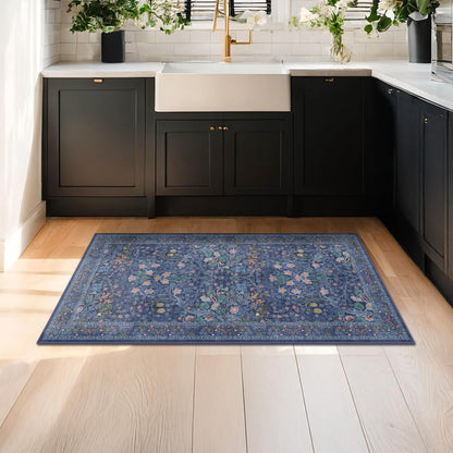 Floral Dark Green Washable Area Rugs 8x10, Vintage Living Room Rug
