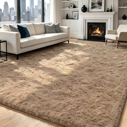 Beige 8x10 Area Rugs for Living Room, Fluffy Shag Rug Large Bedroom Carpet
