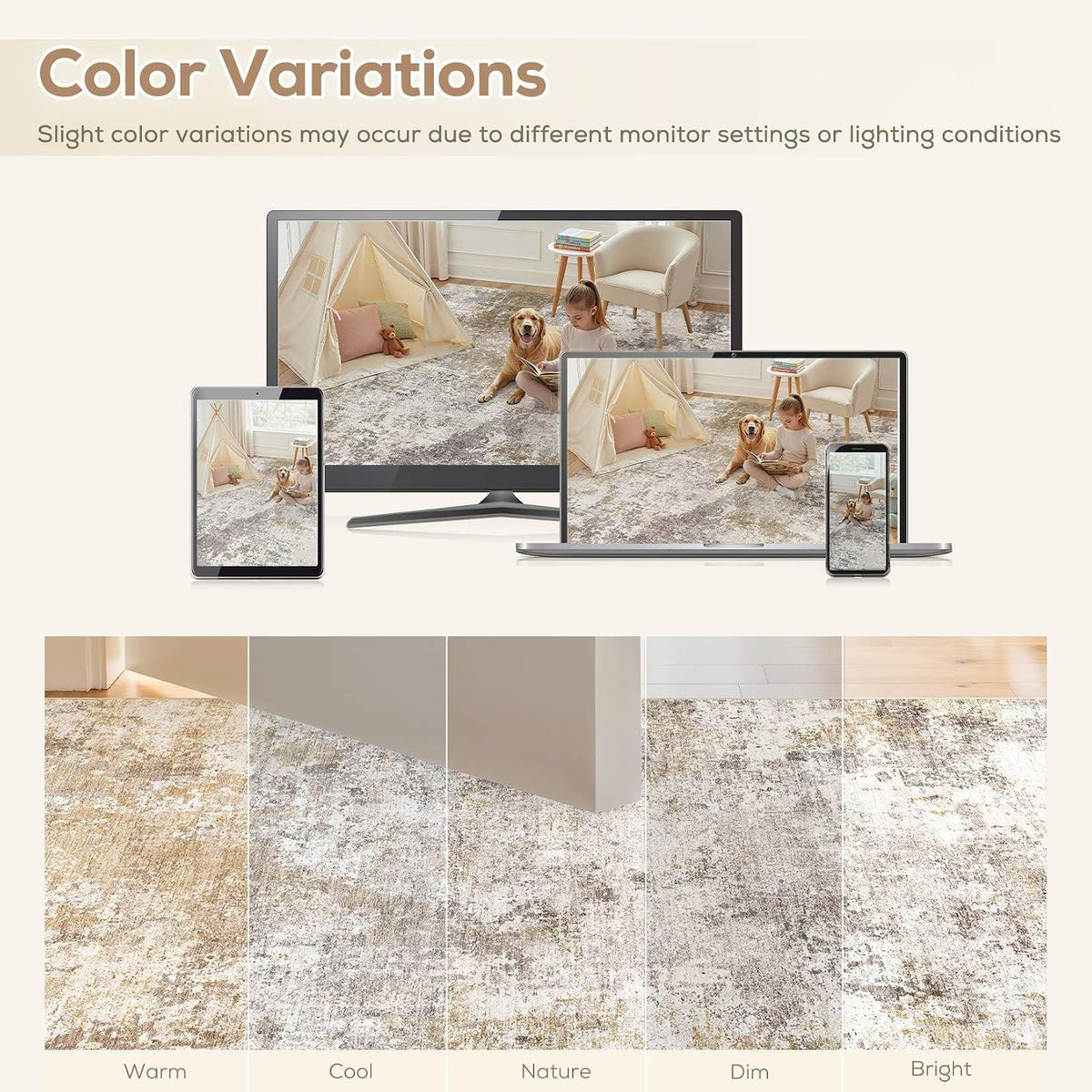Nakagishi 10X14 Area Rugs for Living Room: Washable Modern Abstract Rug with Non-Slip Silicone Backing Low Pile Soft Carpet for Bedroom & Dining Decor Ideal for Families with Kids and Pets-Brown