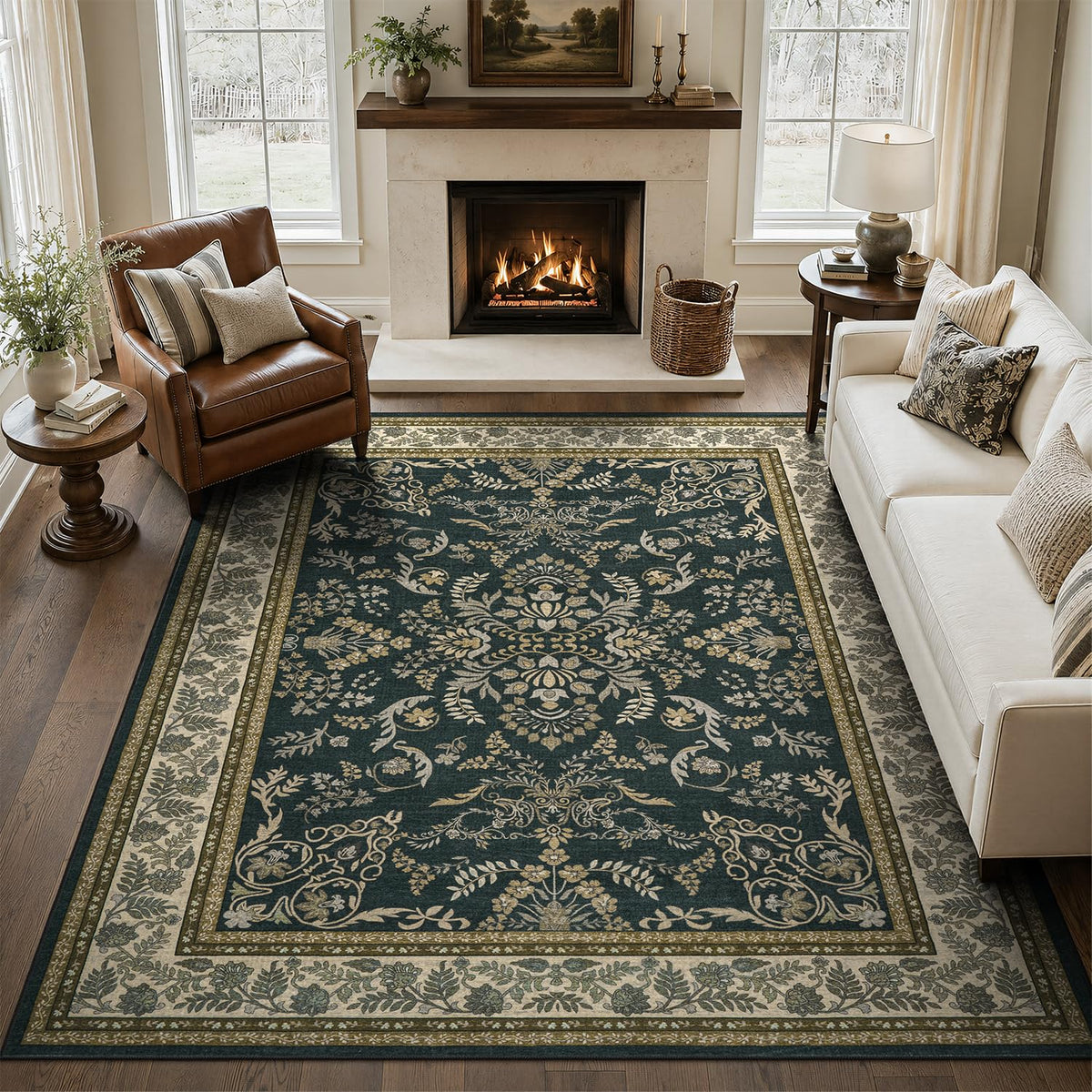 DCX 8x10 Area Rug Living Room: Washable Botanical Carpet Blue and Green