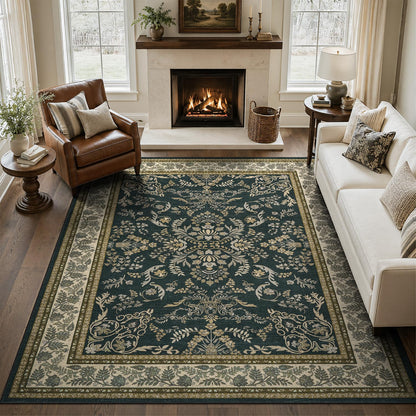 DCX 8x10 Area Rug Living Room: Washable Botanical Carpet Blue and Green