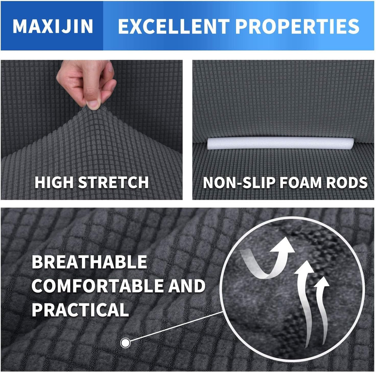 MAXIJIN Super Stretch Couch Cover for 3 Cushion Couch, 1-Piece Universal Sofa Covers Living Room Jacquard Spandex Furniture Protector Dogs Pet Friendly Fitted (Large, Gray)