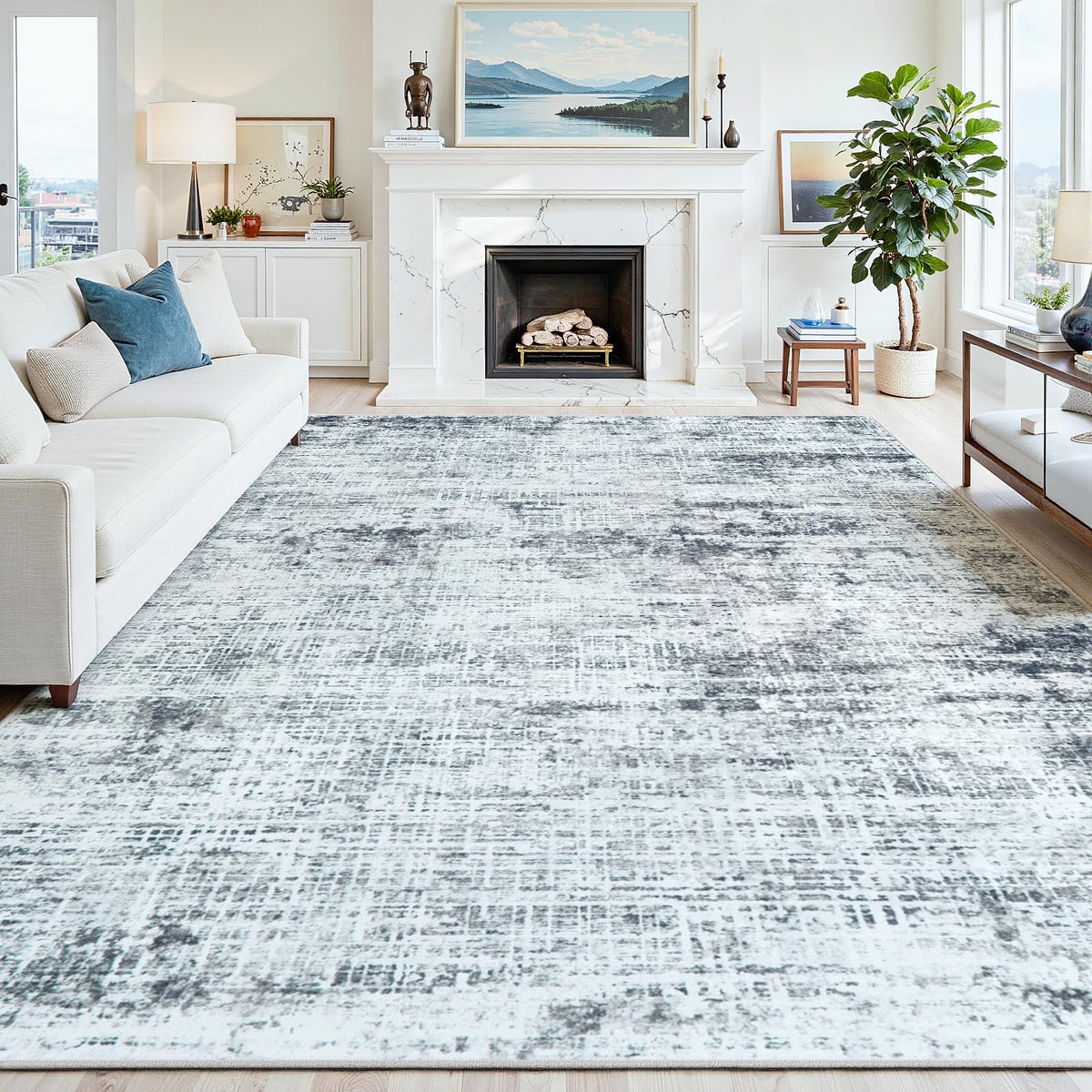 8x10 Washable Area Rug for Living Room Bedroom: Non-Slip Modern White Gray
