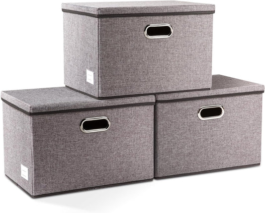 PRANDOM Large Collapsible Storage Bins with Lids [3-Pack] Linen/Cotton Blend Foldable Storage Boxes Organizer Containers Baskets Cube with Cover for Home Bedroom Closet Office Nursery(17.7x11.8x11.8)