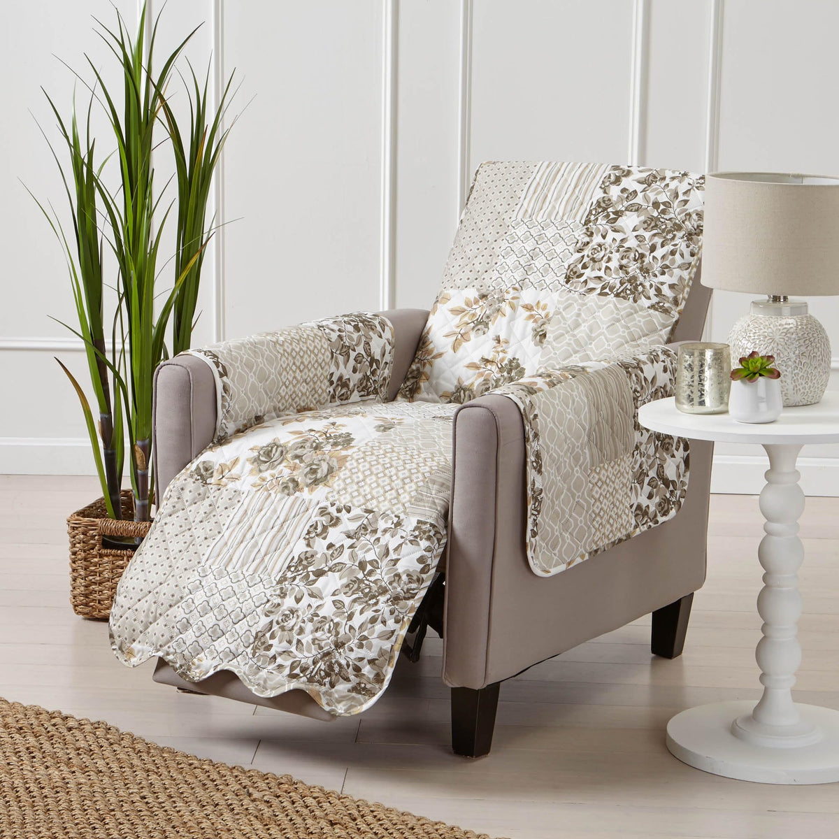 Great Bay Home Reversible Patchwork Sofa Cover - Washable Slipcover Furniture Protector with Elastic Straps - Perfect for Kids & Pets - Box-Stitched Detail (Taupe)