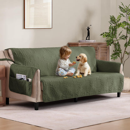 Quilted Sofa Slipcovers with Pockets, Anti-Slip Medallion Designed Couch Covers for 3 Cushion Sofa, Couch Cover for Dogs Cats Water-Repellent Machine Washable (Large Sofa 68", Ivory White)