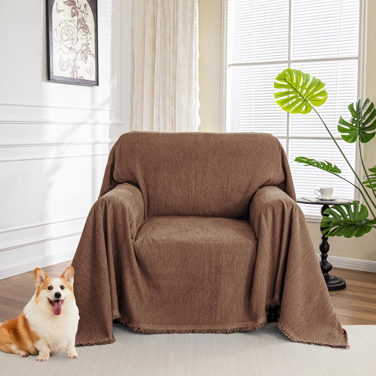 MYSKY HOME Sofa Covers for 2 Cushion Couch L Shaped Couch Cover Washable Couch Cover with Tassels Boho Couch Covers Non Slip Super Universal Soft Sofa Slipcover for Kids, Dogs, Pets, 71"x118", White
