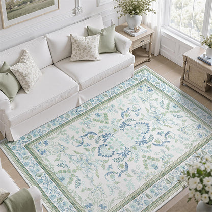 DCX 8x10 Area Rug Living Room: Washable Botanical Carpet Blue and Green