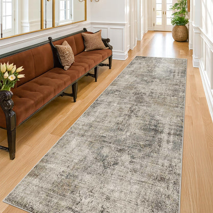 Farmhouse 8x10 Washable Area Rugs for Living Room, Neutral Taupe Brown Abstract Rug for Dining Room and Bedroom, Soft Foldable Low Pile Carpet, Stain Resistant Non-Slip Backing, Distressed Design