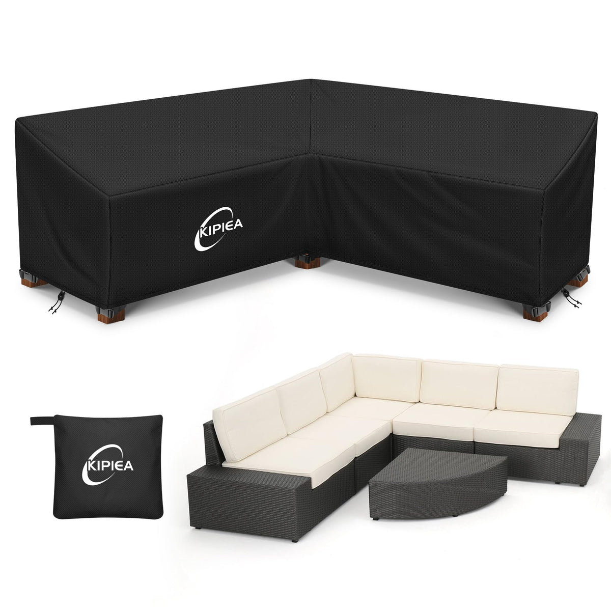 Kipiea Patio V-Shaped Sectional Sofa Cover, 420D Heavy-Duty Oxford Fabric Outdoor Sectional Cover with 6 Windproof Buckles, Anti UV and No Tears, No Fading (85"/85" L x 33.5" D x 31" H) Black