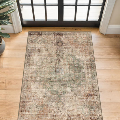 Farmhouse 8x10 Washable Area Rugs for Living Room, Neutral Taupe Brown Abstract Rug for Dining Room and Bedroom, Soft Foldable Low Pile Carpet, Stain Resistant Non-Slip Backing, Distressed Design