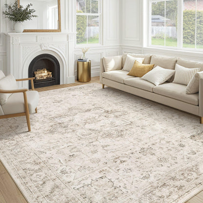 cotiled 9x12 Area Rug for Living Room, Washable, Traditional, Beige