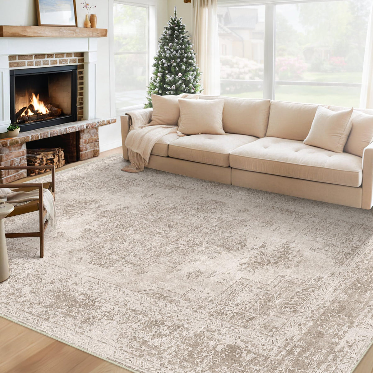 XLUEZ Area Rug 8x10 Living Room Rug, Machine Washable Vintage Distressed Medallion Rug Non-Slip Soft Low Pile Large Indoor Rugs for Bedroom Dining Room Office Children's Room (Beige,8'x10')