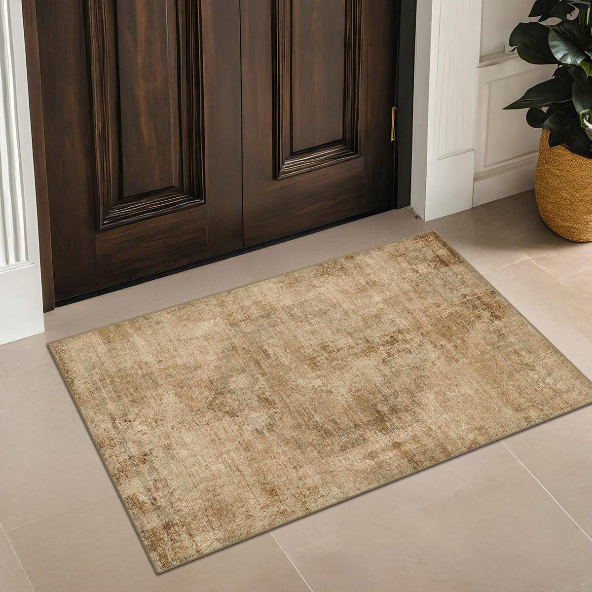 Farmhouse 8x10 Washable Area Rugs for Living Room, Neutral Taupe Brown Abstract Rug for Dining Room and Bedroom, Soft Foldable Low Pile Carpet, Stain Resistant Non-Slip Backing, Distressed Design