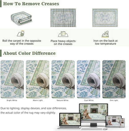 DCX 8x10 Area Rug Living Room: Washable Botanical Carpet Blue and Green
