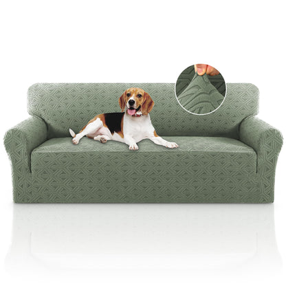 PrinceDeco Stretch Sofa Cover Slipcover Couch Covers for 3 Cushion Couch Furniture Protector Sofa Covers with Non Slip Elastic Bottom Dogs Pet Friendly Fitted (Sofa, Ivory)